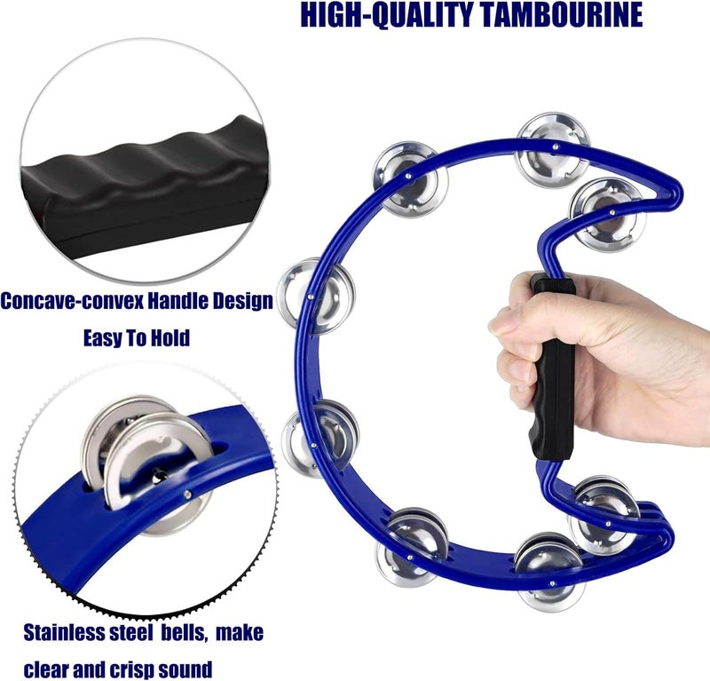 MOONBACK Tambourine, 4 Bells Tambourine, Foot Tambourine, Metal Jingles Hand Held Percussion,Tambourine For Adults,Half Moon Tambourine And Egg Shakers, Tambourine Stick Blue - Image 3